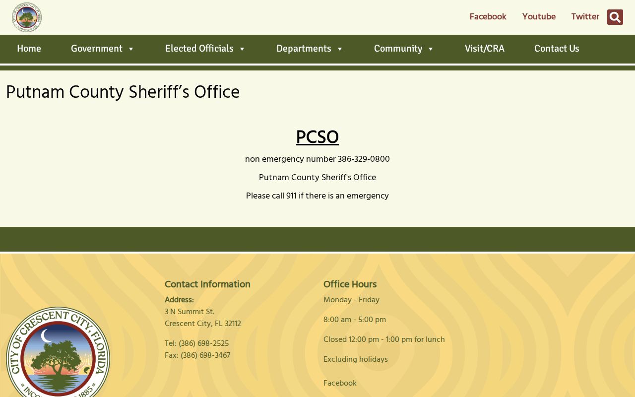 Official Crescent City police page directing police matters to Putnam County Sheriff's Office