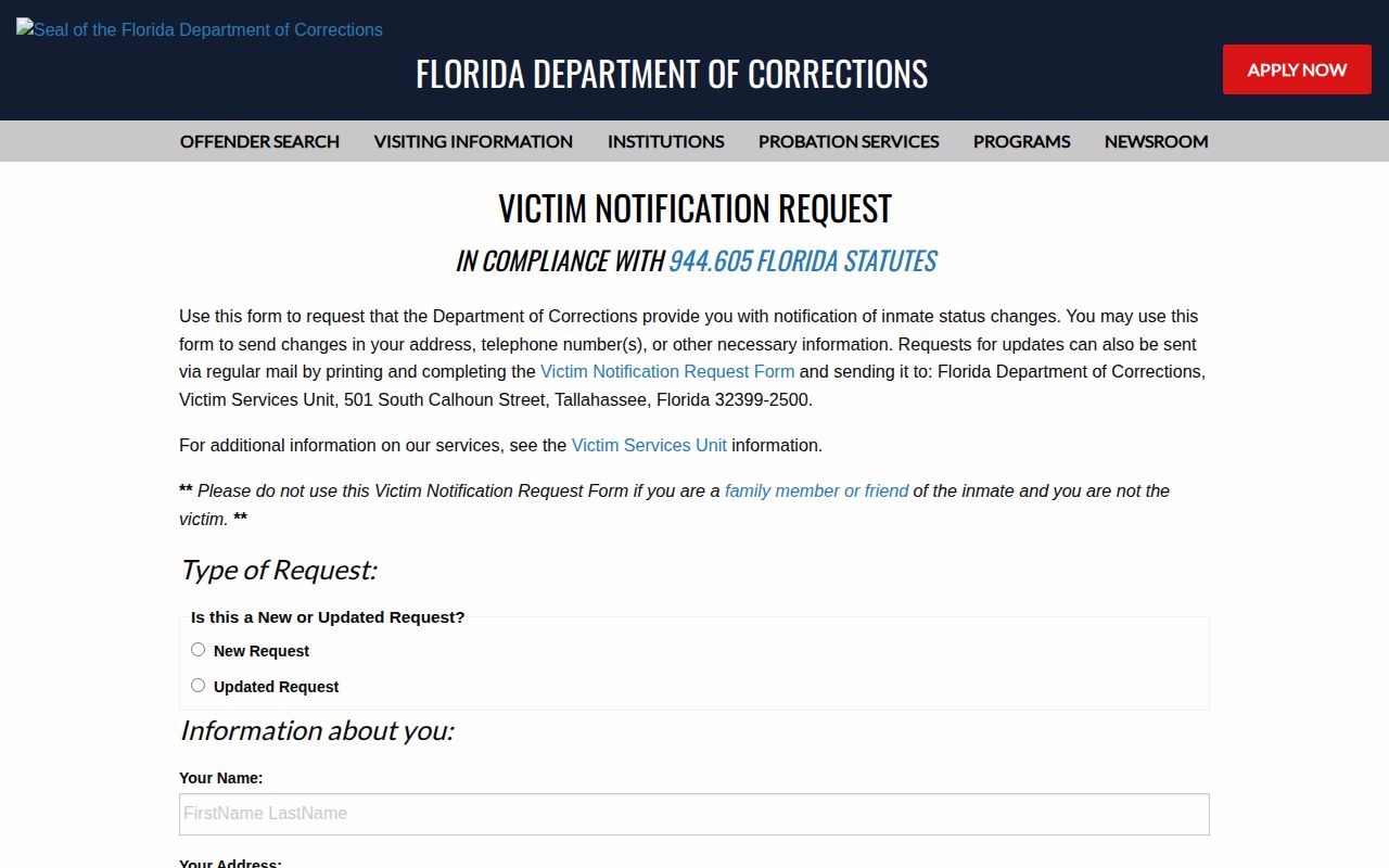 Florida victim notification form supporting Putnam County VINE custody alerts